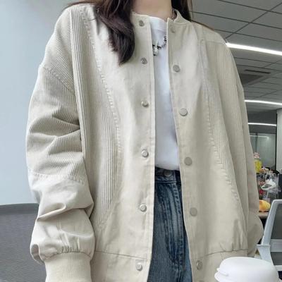 Women's Spring and Autumn Splicing Retro Design Corduroy Baseball Clothing Loose Casual Long Sleeve Jacket