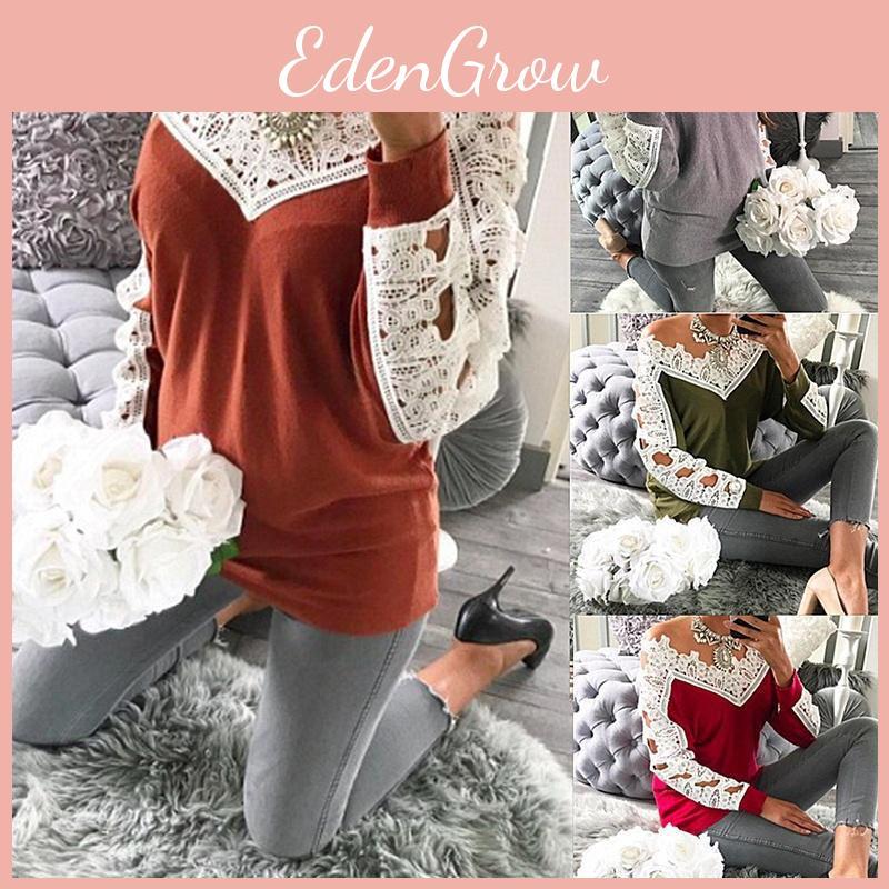 Classy Sexy Lace Stitching Off Shoulder Crochet Blouse With Exquisite Long Sleeve