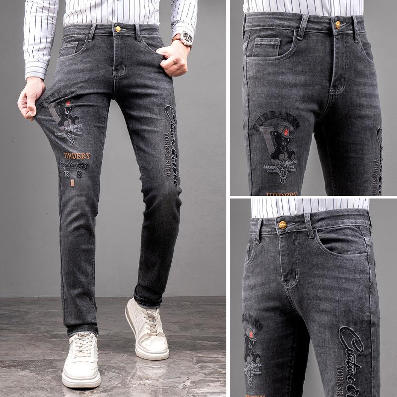 European And American Embroidered Trendy Brand Jeans Men'S Straight Tube Slim Fit Elastic Fashion High Quality Casual Cowboy Pants