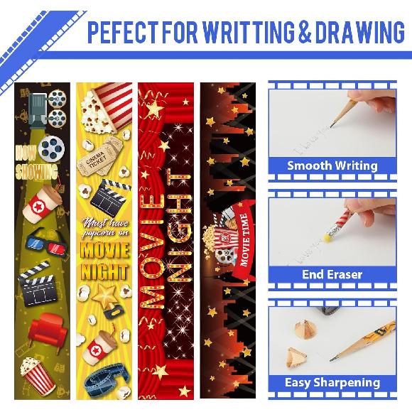 Sherr 36 Pieces Movie Night Pencils with Eraser, Wooden Colorful Pencil Bulk for Students Classroom Prize Stationery Party Favors, 4 Style