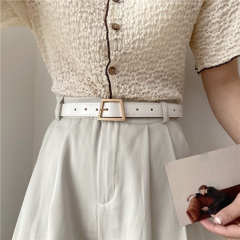 

Fashionable Womens Summer Denim Trousers With Versatile Pu Strap And Gold Buckle Design 2.3cm Gold White