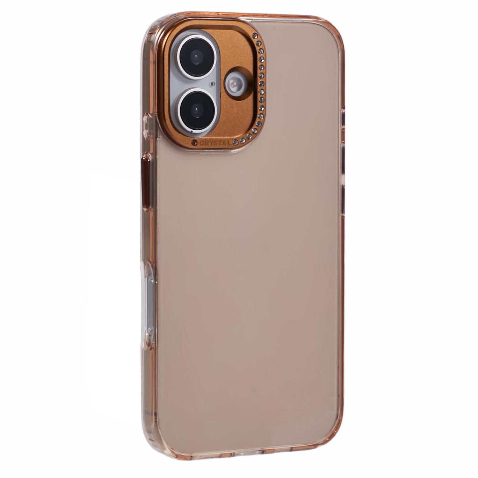 

For iPhone 16 Case TPU+PC Phone Back Cover Lens Frame Rhinestone Decorated Transparent Gold