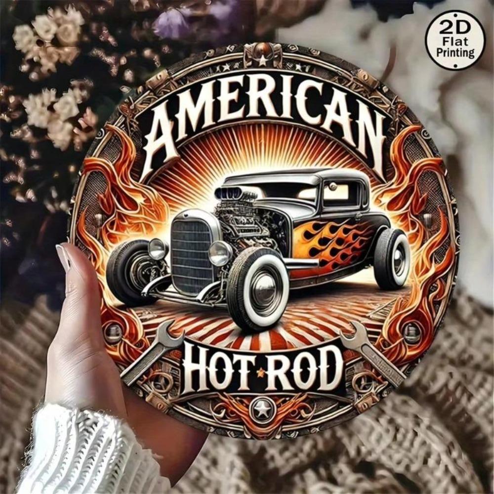 Classic Car Metal Tin Sign American Hot Rod Vintage Wall Art 8 Inch Round Home Decor