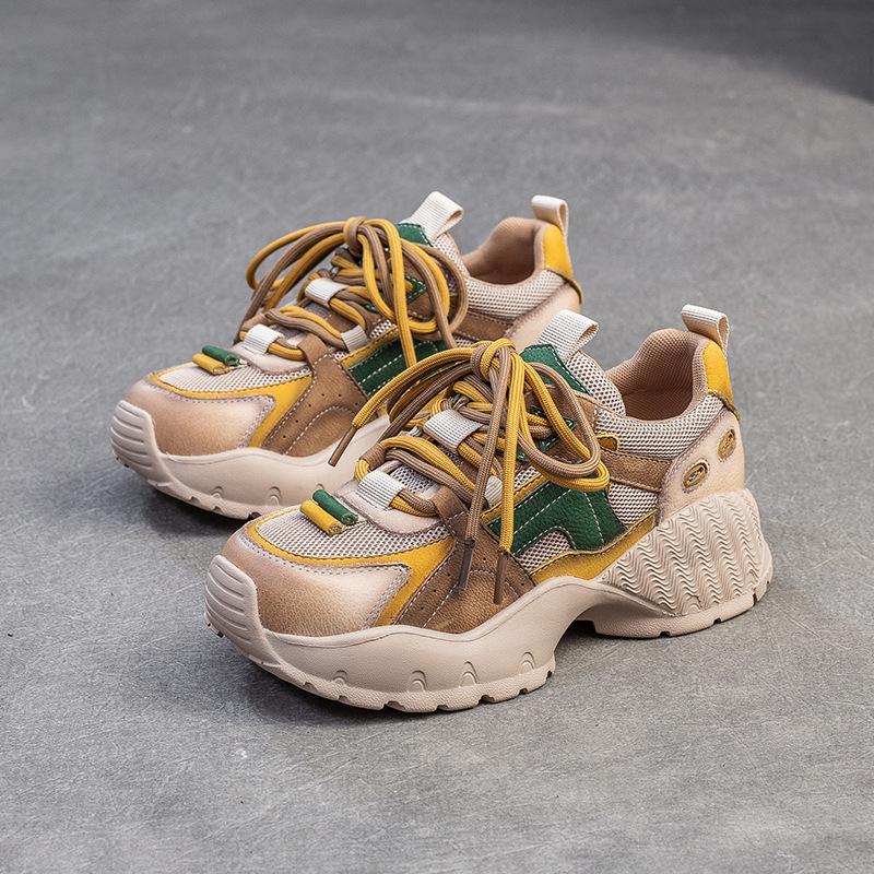 Johnature Casual Genuine Leather Splicing Mesh Mixed Colors Lace Up Fashionable Comfortable Versatile Women's Shoes