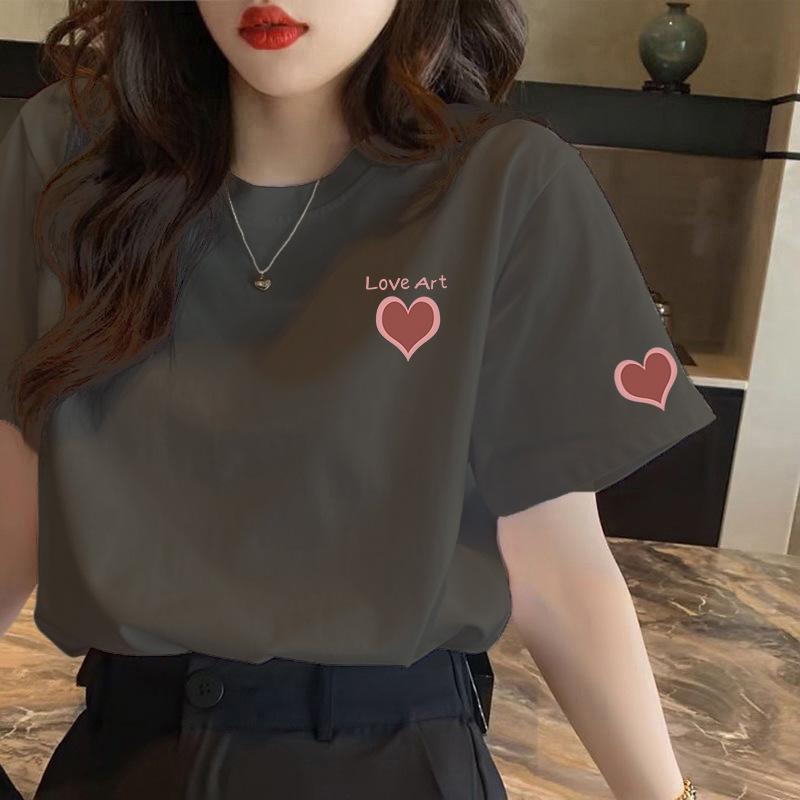 Pure Cotton Love Round Neck Short-sleeved T-shirt Women's Clothing Summer 2025 New Milk Apricot Loose and Thin Half-sleeved Top