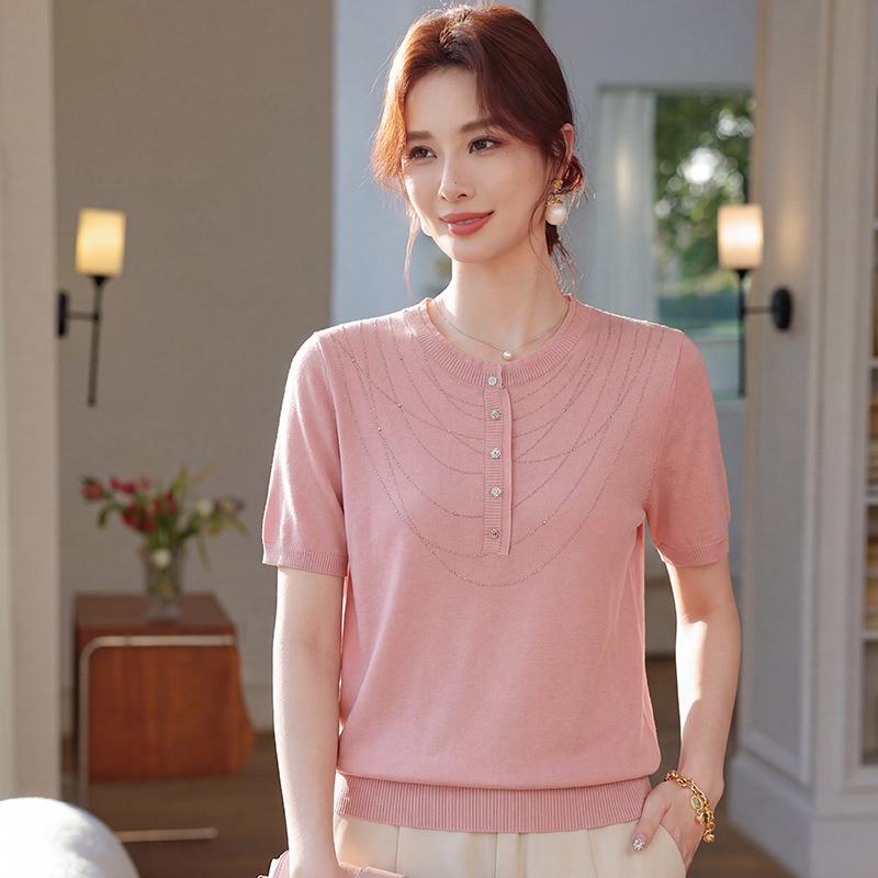 

Mother s Day 2026 Ice Silk Short-Sleeve Blouse - New Style, Lightweight Knit for Middle-Aged & Elderly Women 4XL (135-150 jin) розовый