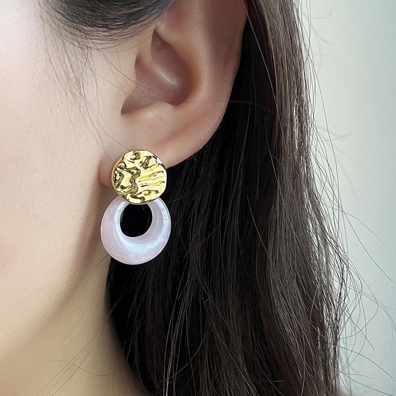 Stainless Steel Colorful Stone Round Card Pendant Earrings For Women Personality Party Jewelry Gifts Wholesale