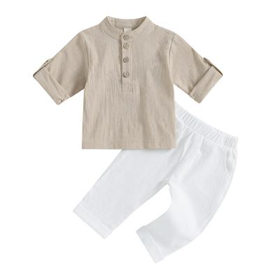 Kleinkind Baby Jungen Kleidung Baumwolle Leinen Henley Hemden Button-Down Langarm Hemden Freizeithosen Set