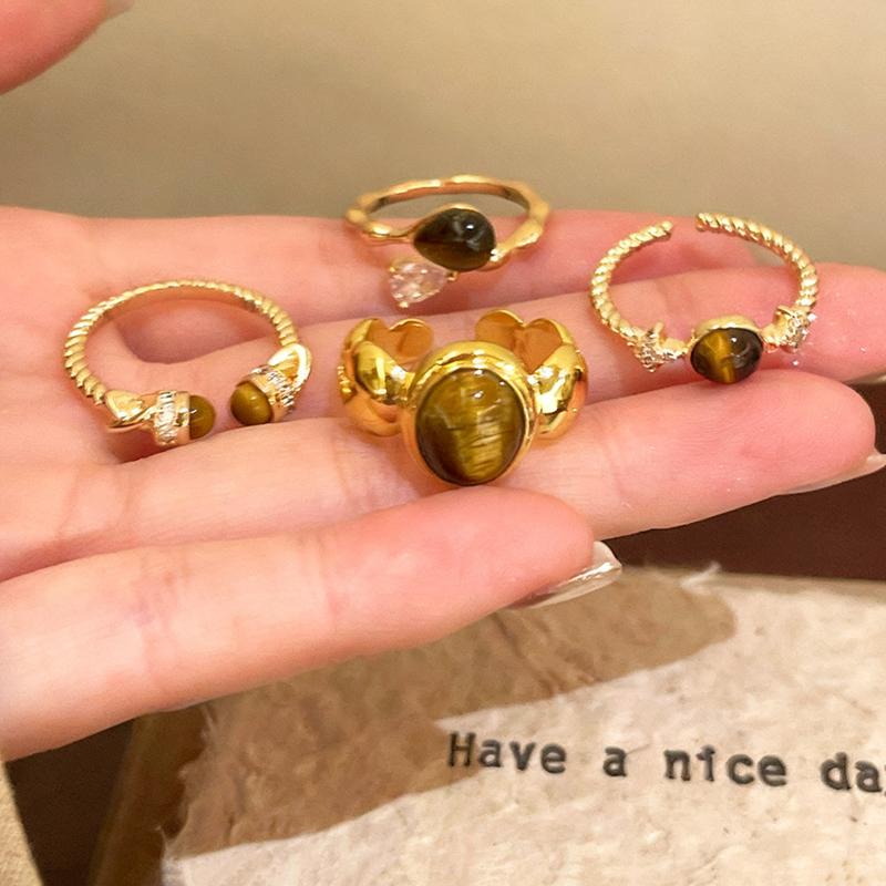 Vintage Tiger Eye Stone Rings for Women Girls Waterdrop Zircon Exquisite Aesthetic Open Ring Fashion Elegent Jewelry Party