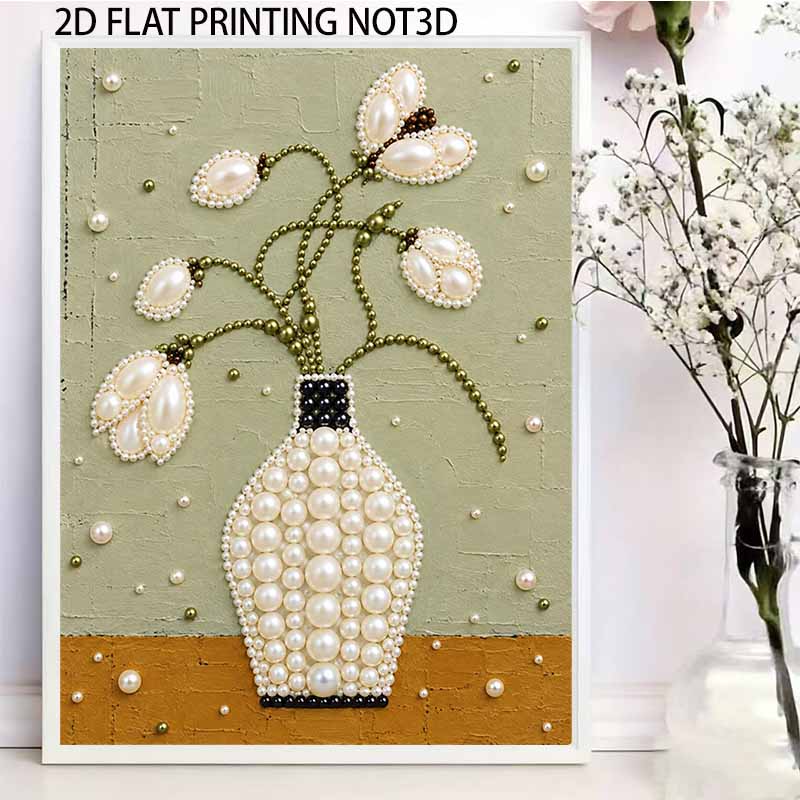 DIY Stretched Canvas Pearl Art Kit Flower Vase Floral Design 5D Sparkling Bead Painting Relaxing Hobby Gift for Home Decoration