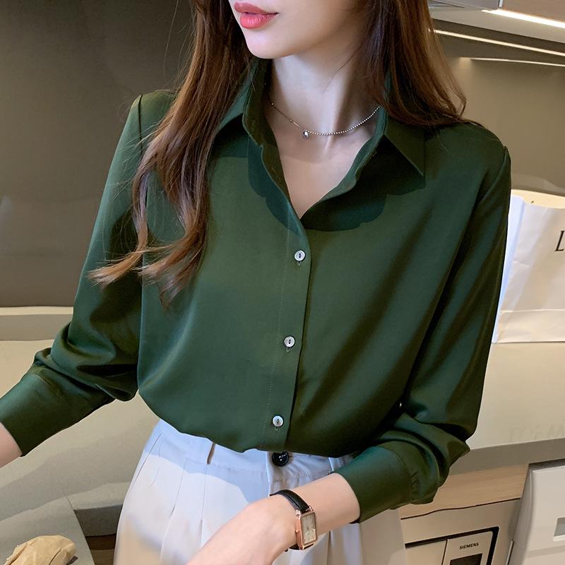 Women's Ash Blue Satin Long Sleeve Shirt - Retro Hong Kong Style, Spring Commute, Concealed Placket, Versatile Drapey Blouse