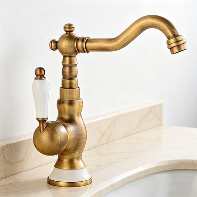 Antique Brass Deck Mounted Basin Faucet - Single Handle Single Hole Bathroom Sink Mixer, Hot & Cold Tap