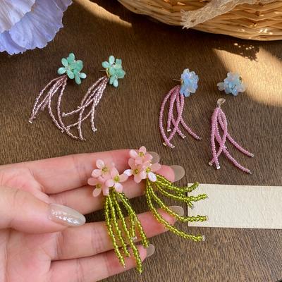 Dopamine Silver Needle Resin Flower Fringed Earrings Vacation Style Fresh and Sweet Temperament Stud Earrings Fashion Versatile Earrings