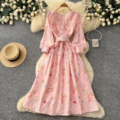 French Romantic Style Lantern Sleeve Floral Print Midi Dress for Women Vintage V-neck Lace Trim Embroidery Long Dress with Belt