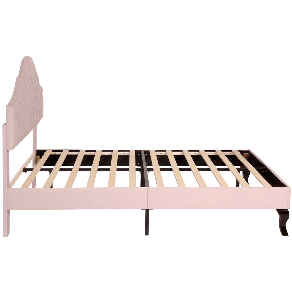 Upholstered Bed 140*200 with Slatted Frame, Height-Adjustable Headboard, for Adults & Teenagers, Wooden Slat Support, Easy Assembly, Velvet, Pink