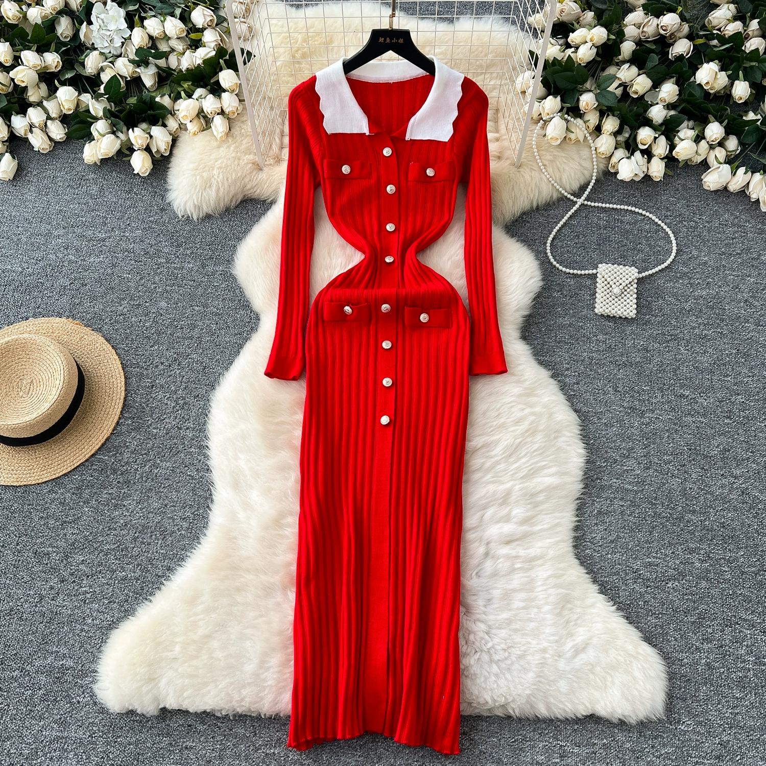 

Осень Зима Женский Элегантный Свитер Вязаный с Отложным Воротником и Полным Рукавом Длинные Макси Платья-Футляры One size красный