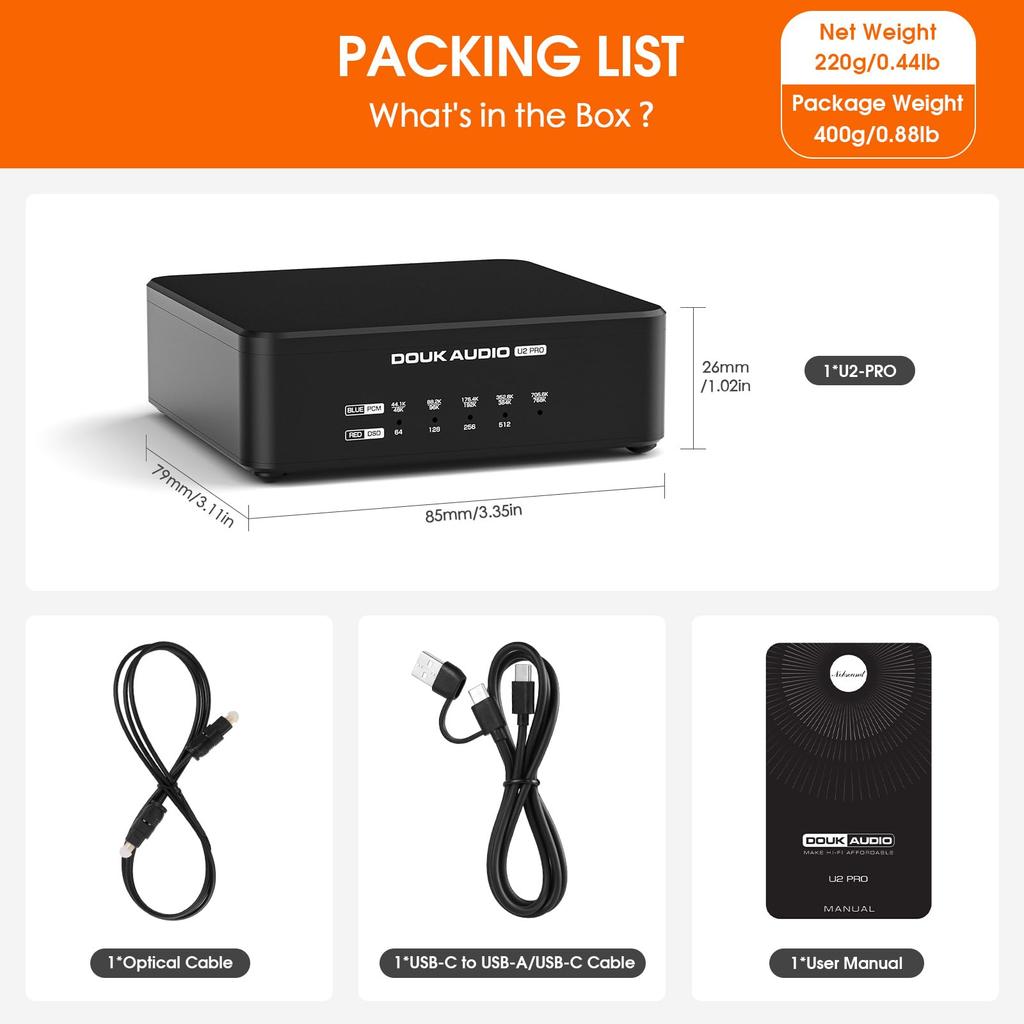 Douk Audio U2 PRO USB Digitale Schnittstelle mit XMOS DSD512 Austauschbar Kompatibel mit und Kompaktes Design XU316, Optischer/Koaxialer/I2S-Ausgang, Unterstützung,