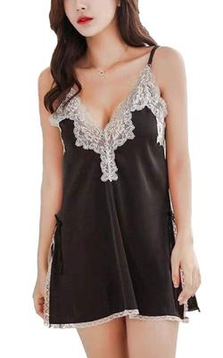 ROKAROKA Deep Babydoll Satin-Schlüpfer-Camisole mit Schlitz und Spitze Schwarz Damen V-Ausschnitt Nachtwäsche, (Schwarz, L)