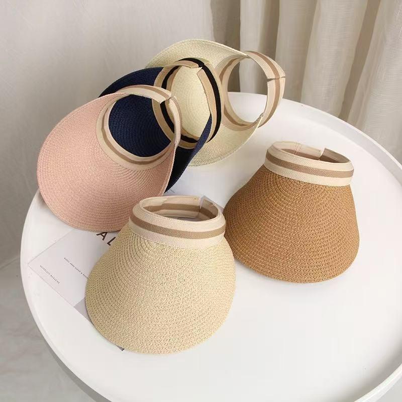New Summer Raffia Straw Sun Protection Hat Open Top Straw Hat Striped Versatile Uv Protection Women'S Casual Baseball Cap