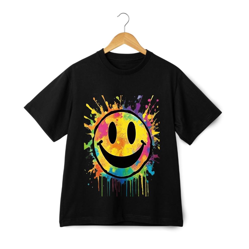 Colorful Splatter-Paint Smile Cartoon Casual T-Shirt, Unisex in Black and White