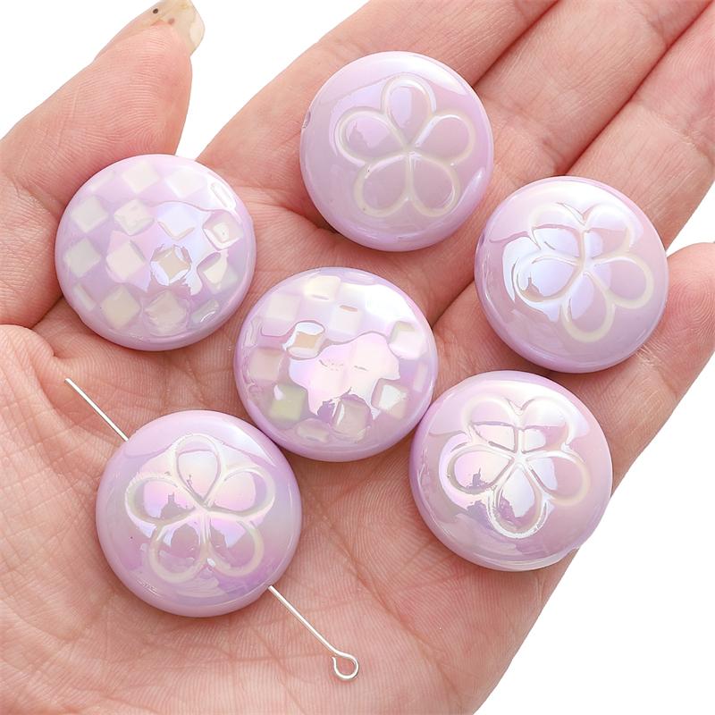 2pcs [25mm] Flat Round Acrylic Beads Plaid Flower Flat Beads For Jewelry Making DIY Pendant Keychain Crafts Findings