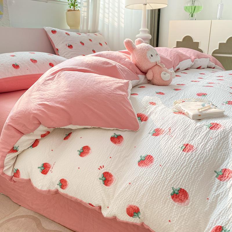 Set Lenzuola Seersucker a Quattro Pezzi Lenzuolo Copripiumino Federe