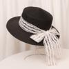 Hat women's summer sunscreen versatile top hat lace bow flat top wide brim straw hat travel photo seaside beach hat