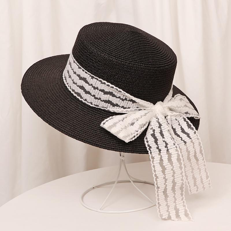 Hat women's summer sunscreen versatile top hat lace bow flat top wide brim straw hat travel photo seaside beach hat