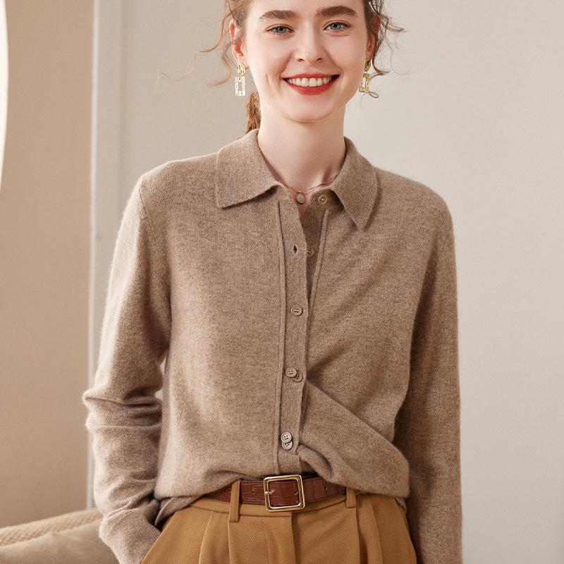 Women's Fashion Cashmere POLO Collar Long Sleeve Cardigan Sweater