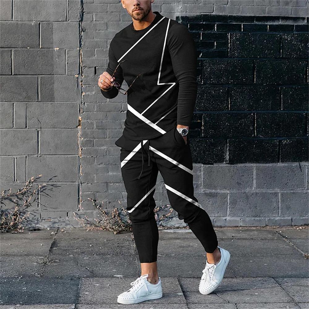 2023 Men High Quality Long Sleeve Set For Man Fashion Summer Design Printed T-Shirt Long Pants 2Pcs Outfit Clothing Sport Suit
