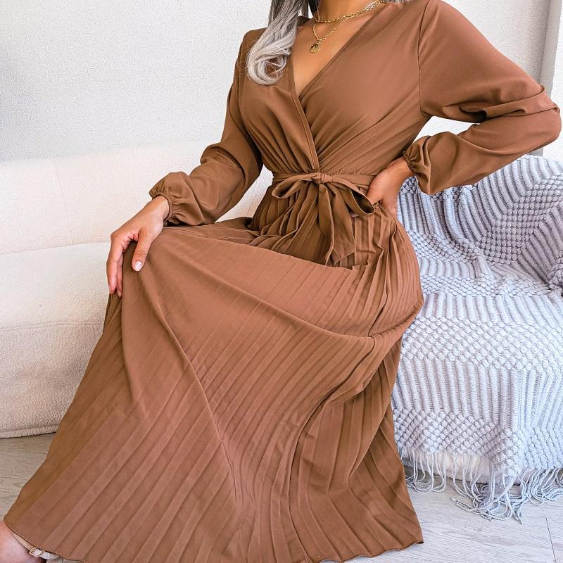 Fashion Soft Comfortable Spring Autumn Women Elegant V Neck Long Sleeve Pleated Maxi Dress Red Blue Casual Green Black Soild Color