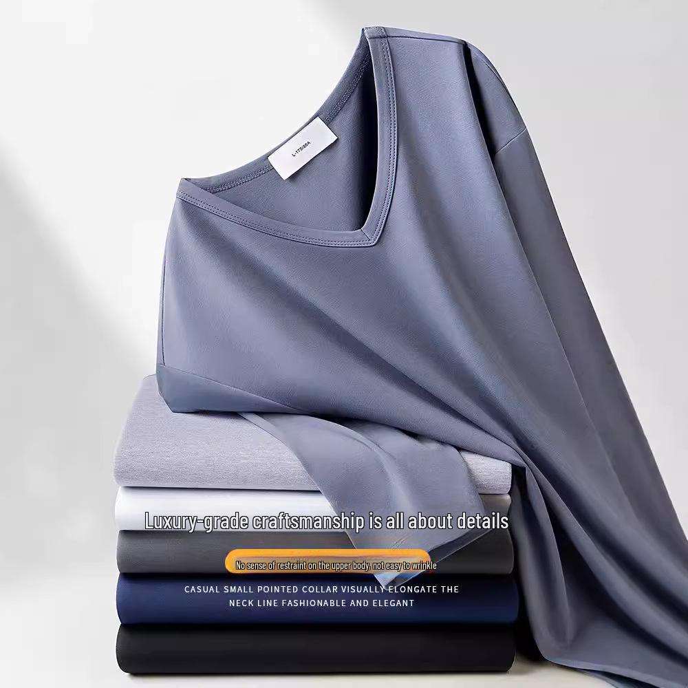 Męski T-shirt z dekoltem w serek z merceryzowanej modalu z długim rękawem - Jednolity kolor, Lekki, Idealny do warstwowania na wiosnę/jesień.