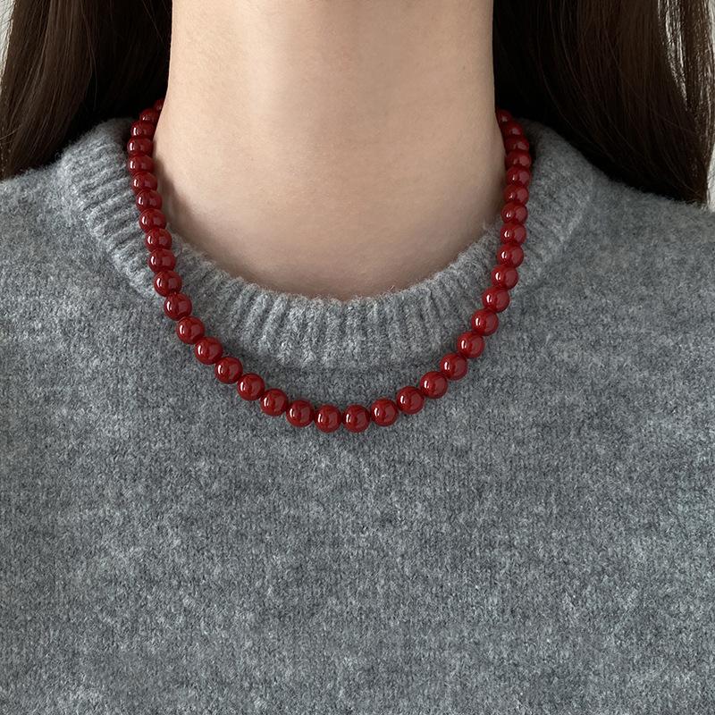Ankola red glass beads beaded necklace French retro light luxury temperament collarbone chain high-end sweater chain women
