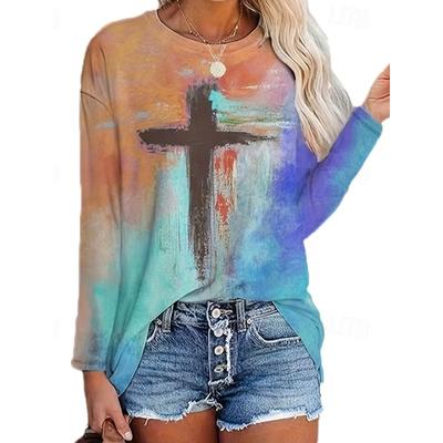Mode Damen T-Shirt 3D-Druck Glaube Kreuz Grafik Lässiges T-Shirt Urlaubsmode Langarm T-Shirt O-Ausschnitt Sweatshirt Pullover