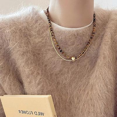 Maillard Artificial Tiger's Eye Stone Double-layer Necklace Retro Light Luxury Fashion Temperament Collarbone Chain 2025 New Item Jewelry