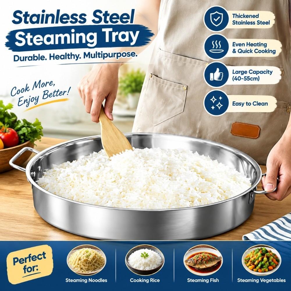Stainless Steel Steaming Tray with Handle Noodles Rice Plate Vegetable Fish Pan Kitchen