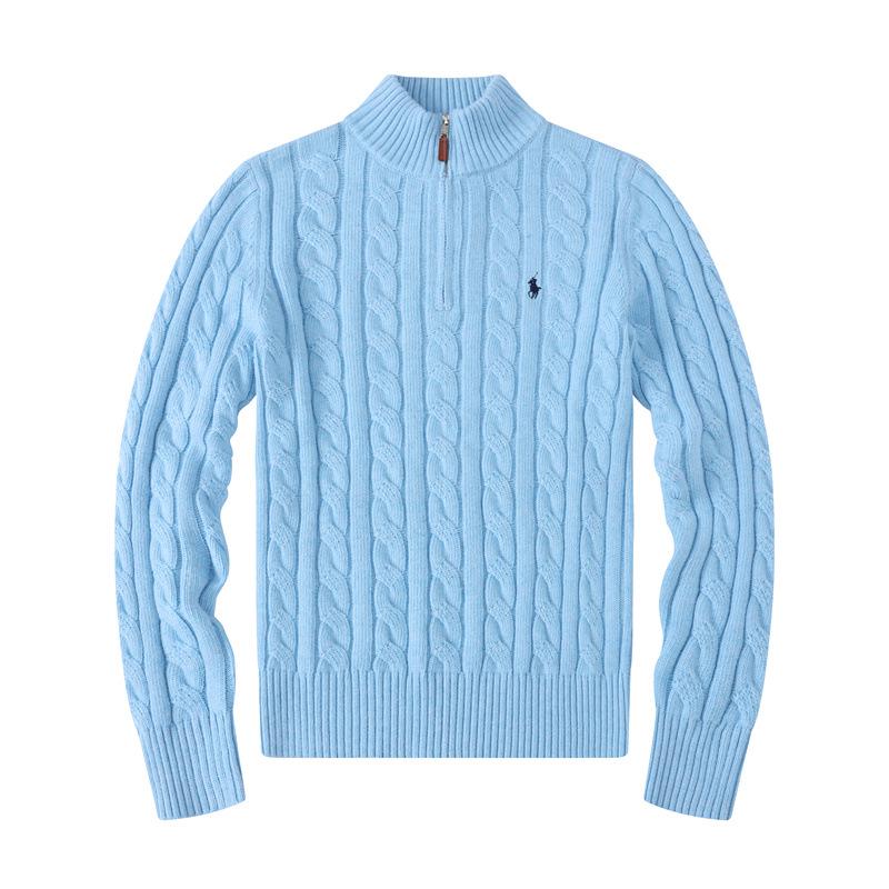 Paul Herren Polo-Pullover aus Kabelstrickwolle und Baumwolle mit halbem Reißverschluss, halbem Stehkragen, kleinem Pferde-Logo, Langarm