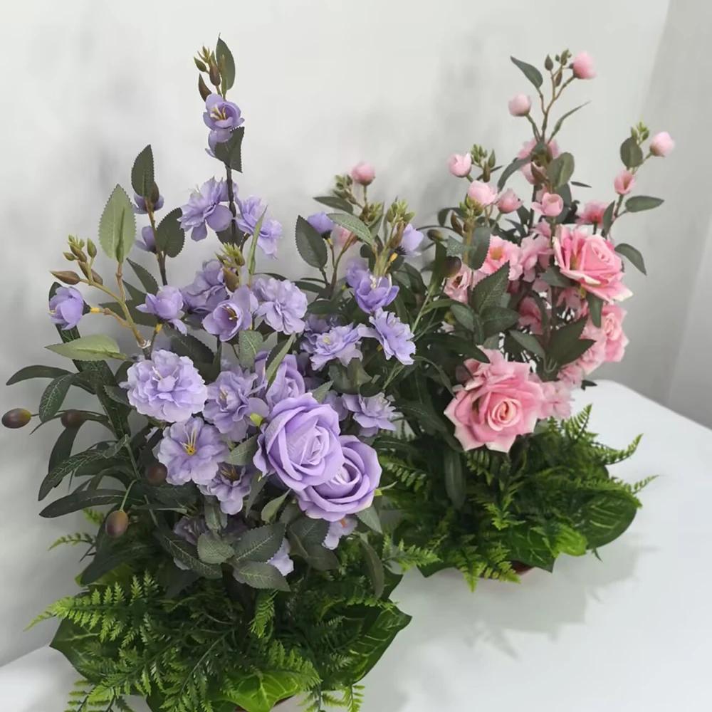 Home Decoration Artificial Flower Potted Roses Cherry Blossom Plants And Green Grass Mixed Placed Birthday Desktop Potted Plant