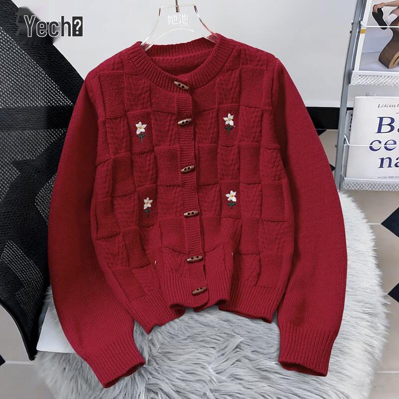 Women s Floral Embroidered Toggle Button Knitted Cardigan One Size