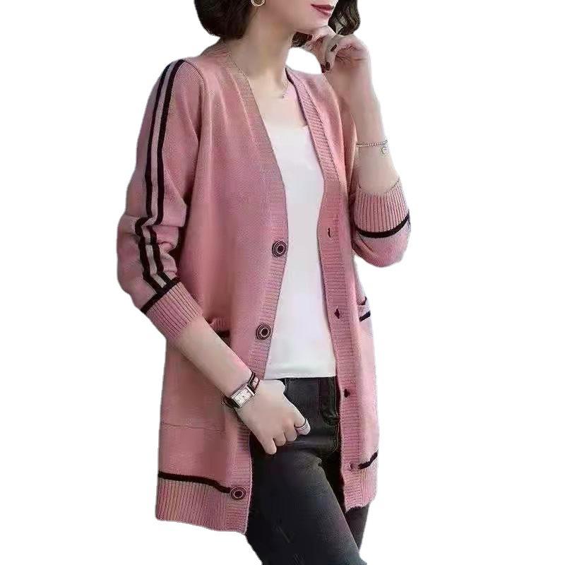 Herbst und Winter Damen V-Ausschnitt Strickjacke Langärmliger Lockerer Mittelanger Gestreifter Pullover