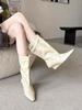 Autumn and winter new square head slope heel French fashion anti-fold belt buckle wide tube mid-tube boots