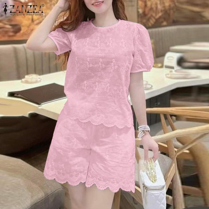 ZANZEA Women Short Sleeve Blouse and Shorts Summer Embroidery Jacquard Two Piece Sets