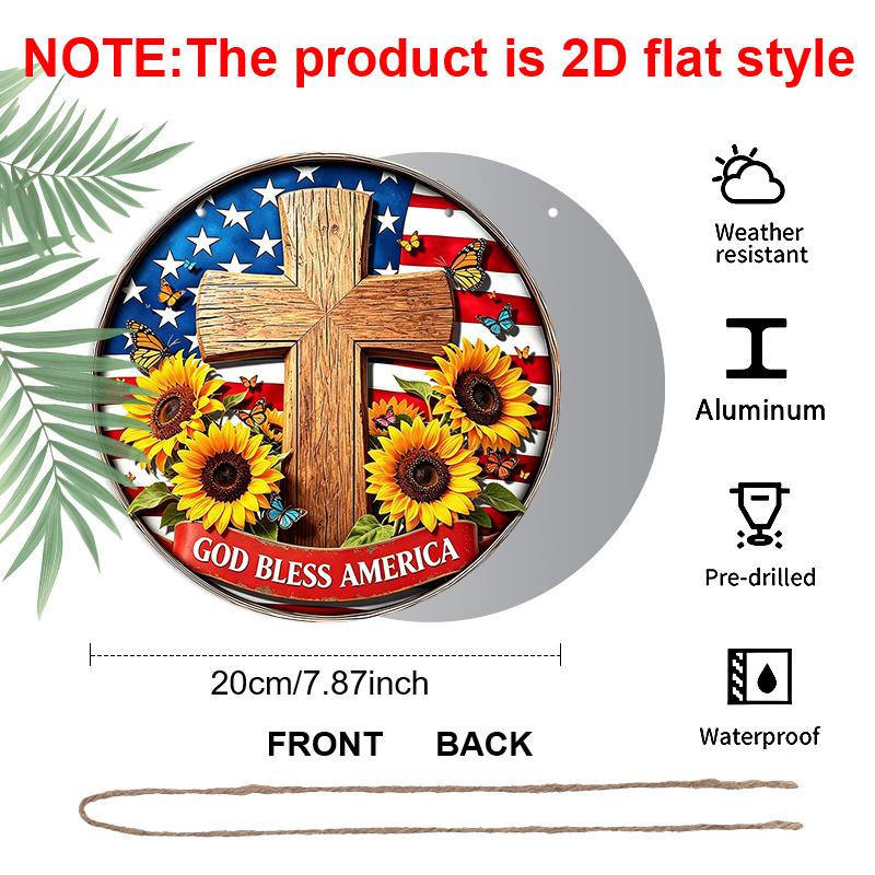 Retro Round Aluminum Wall Decor, American Independence Day Cross & Sunflower Design, Indoor Outdoor Hanging Plaque, Christian Commemorative Gift