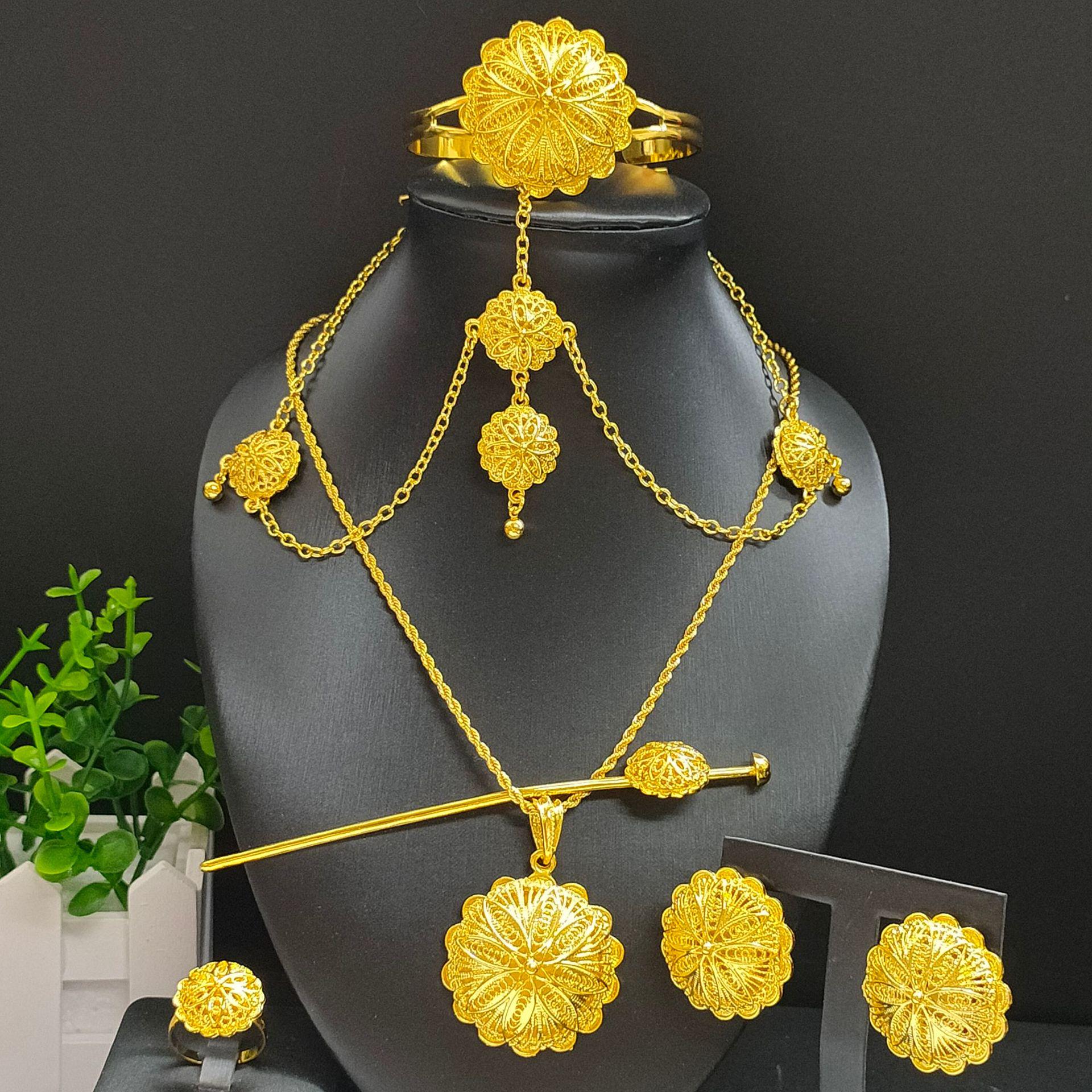 

Cross-Border Hot-Selling Jewelry Set: Necklace, Earrings, Bracelet, Ring - 6-Piece Bridal Collection for European, American, and African Styles 24k Gold Plated
