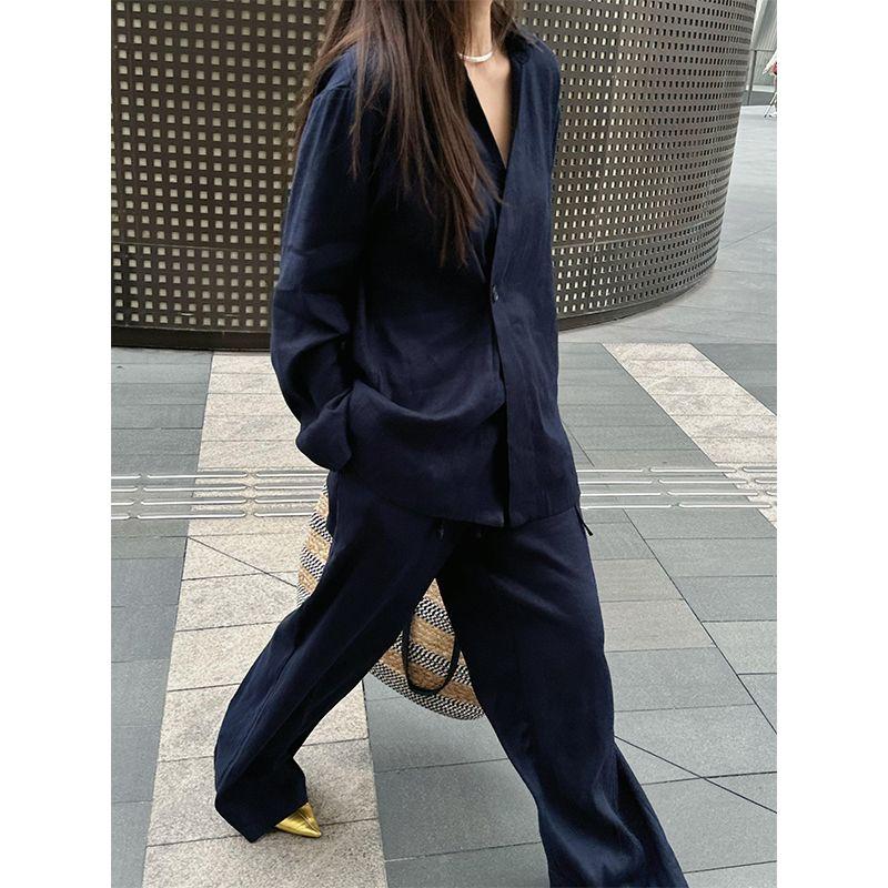 

Темно-синий Классический Европейский Товар Льняной Наряд Рубашки Женский 2025 Лето Новое Поступление Ленивый Повседневный Хлопково-льняной Костюм-двойка Navy blue Tops + Navy blue pants [high quality]] S