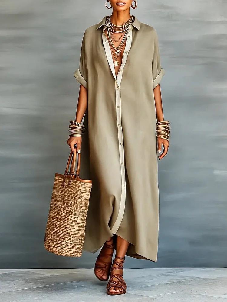Spring 2026 Women's Color-block Cotton Linen Shirt Dress