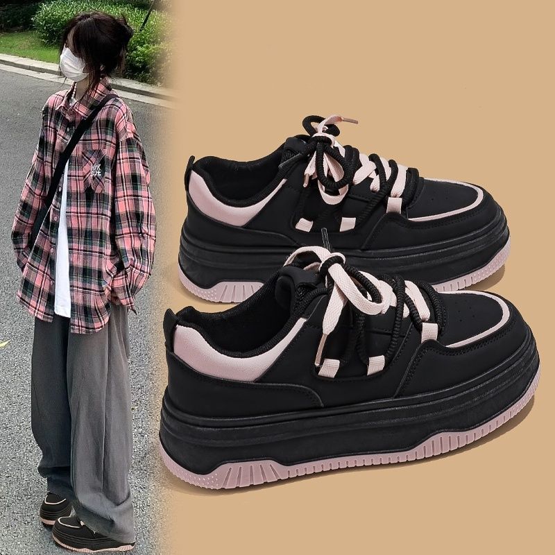 Popular Niche Original Black Powder Shoes Women's 2025 New Casual Spring Women's Shoes Versatile Platform Sports Board Shoes