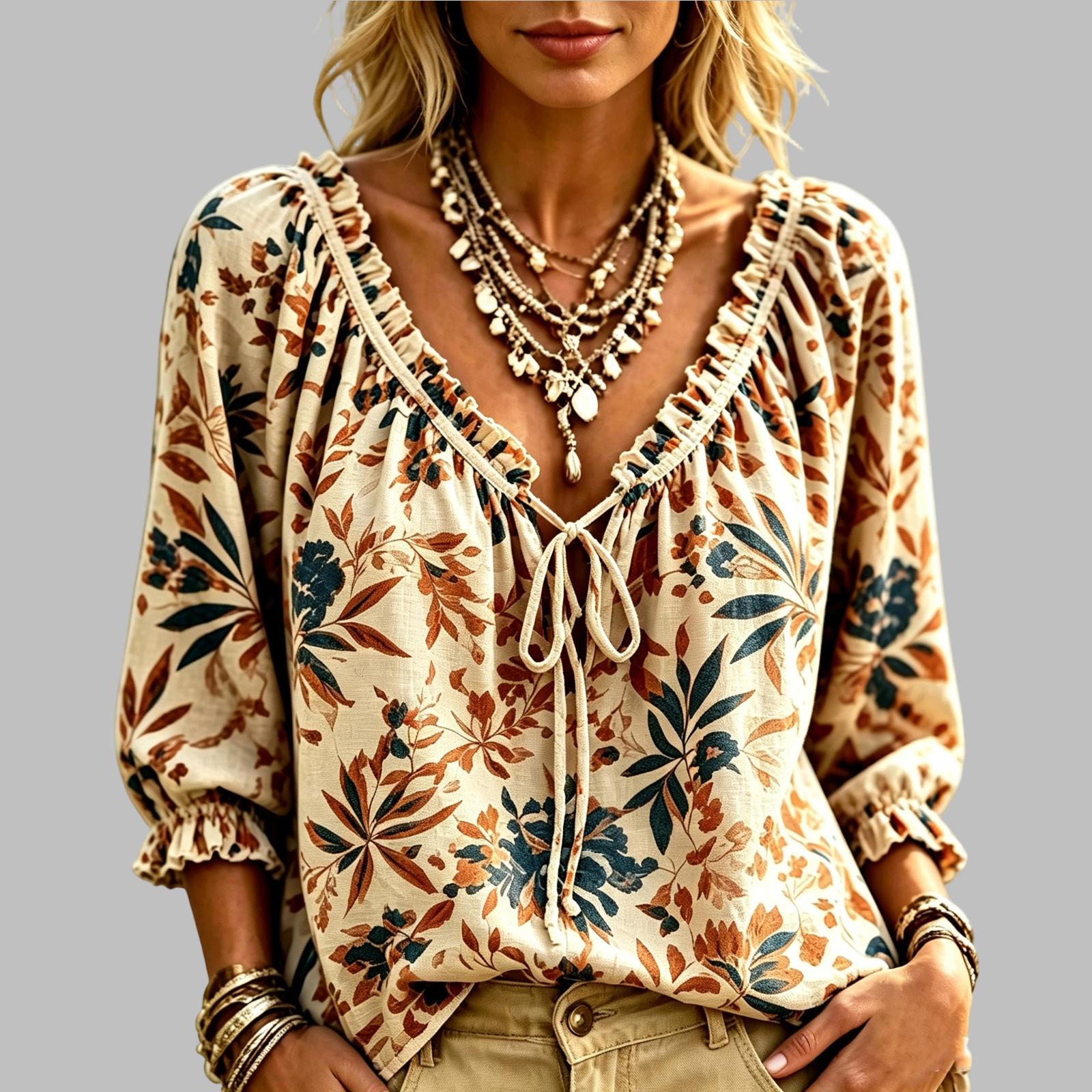 Women s Floral Print Casual Three-Quarter Sleeve Loose Fit Summer Top L