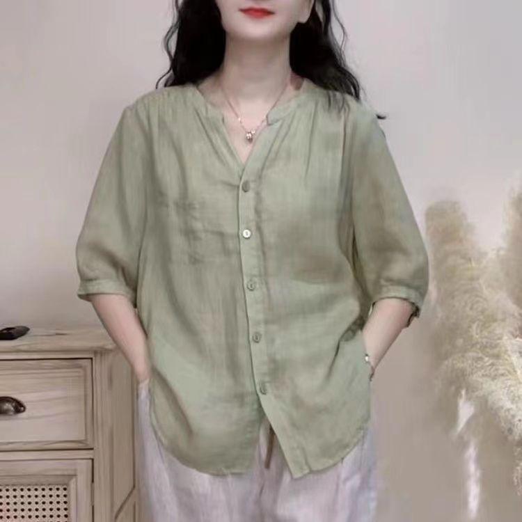 2025 Art Retro Summer Thin Cotton and Hemp Shirt Women's Loose V-neck Shirt Jacket Casual Small Shirt