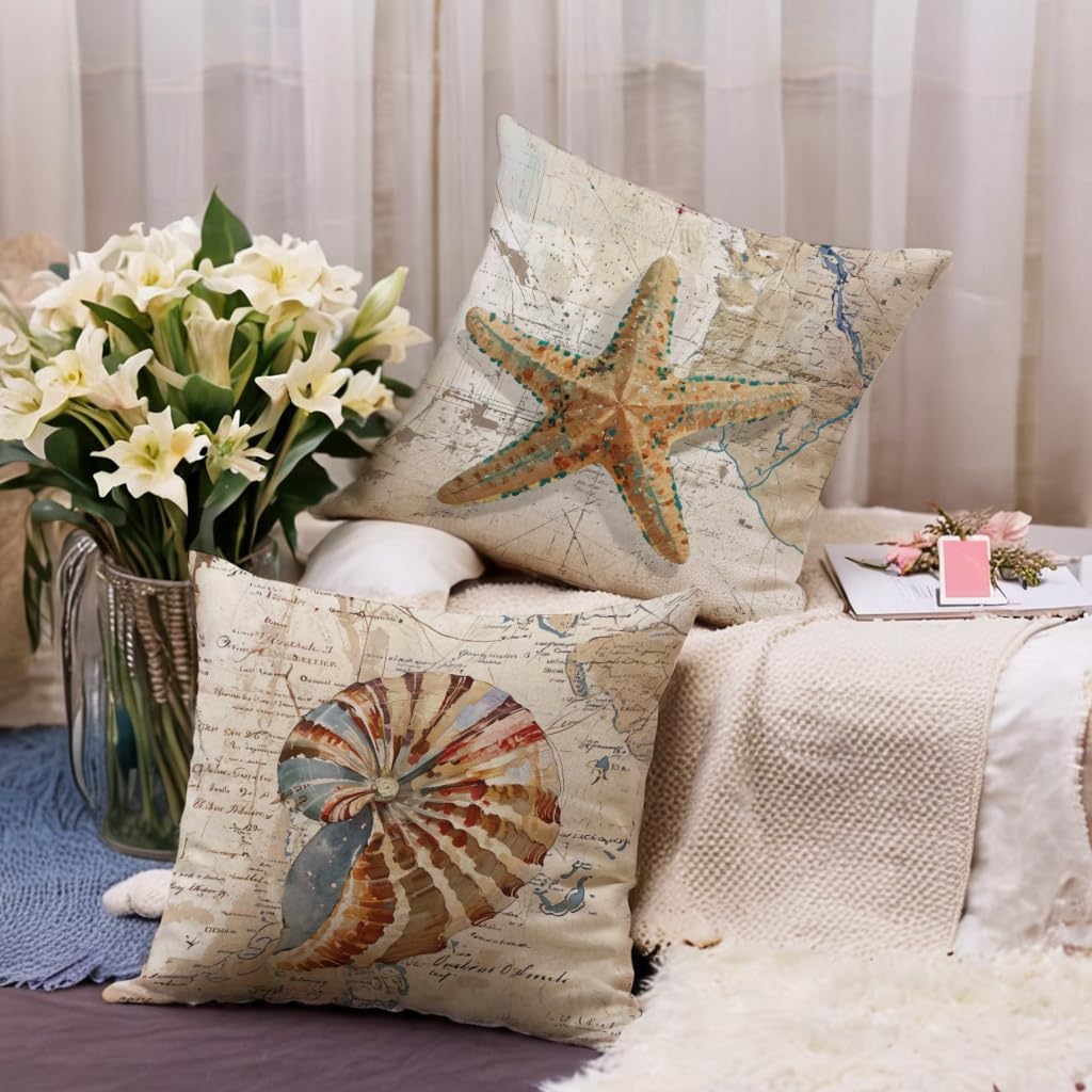 7COLORROOM Nautical Throw Pillow Covers 18 X 18 inches,Vintage Map Background Seashell Starfish Cushion Cases Beach Sea Style Design Home 4Pack